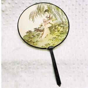 Vintage Asian Hand Painted Silk Paddle Fan, Black Plastic Handle w/Tassel
